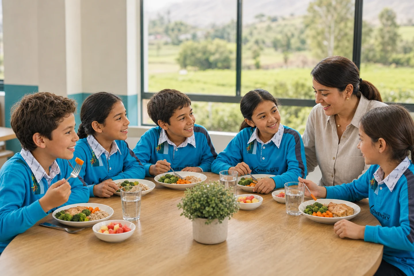 Escena ilustrativa de estudiantes Komensky compartiendo una mesa durante el almuerzo escolar. Imagen referencial.