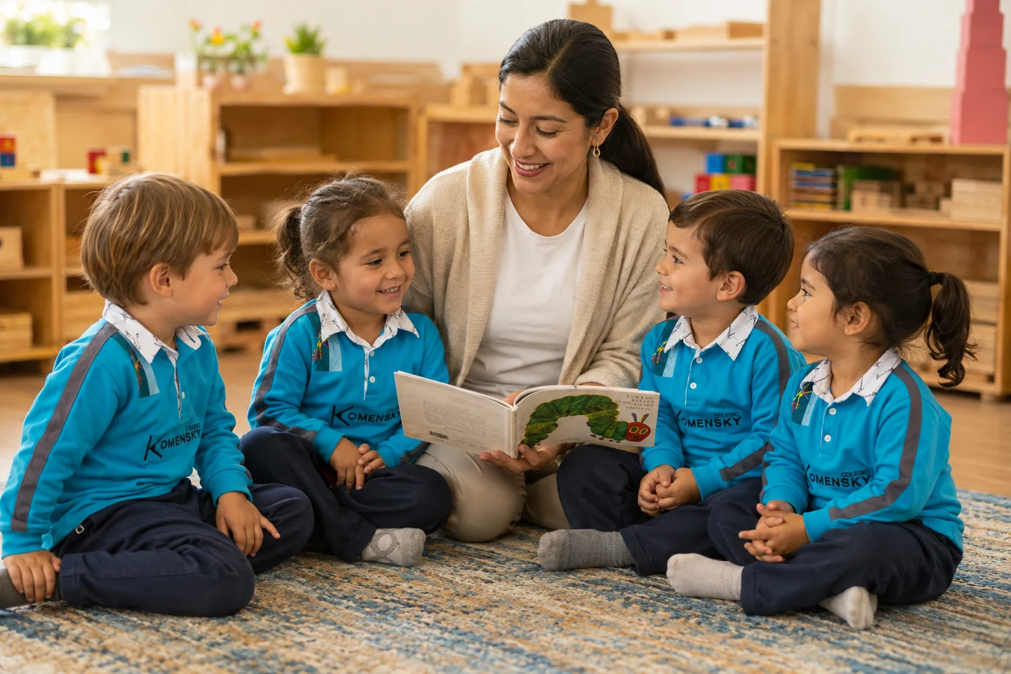 Niños pequeños comparten una lectura junto a una profesora. Imagen referencial.