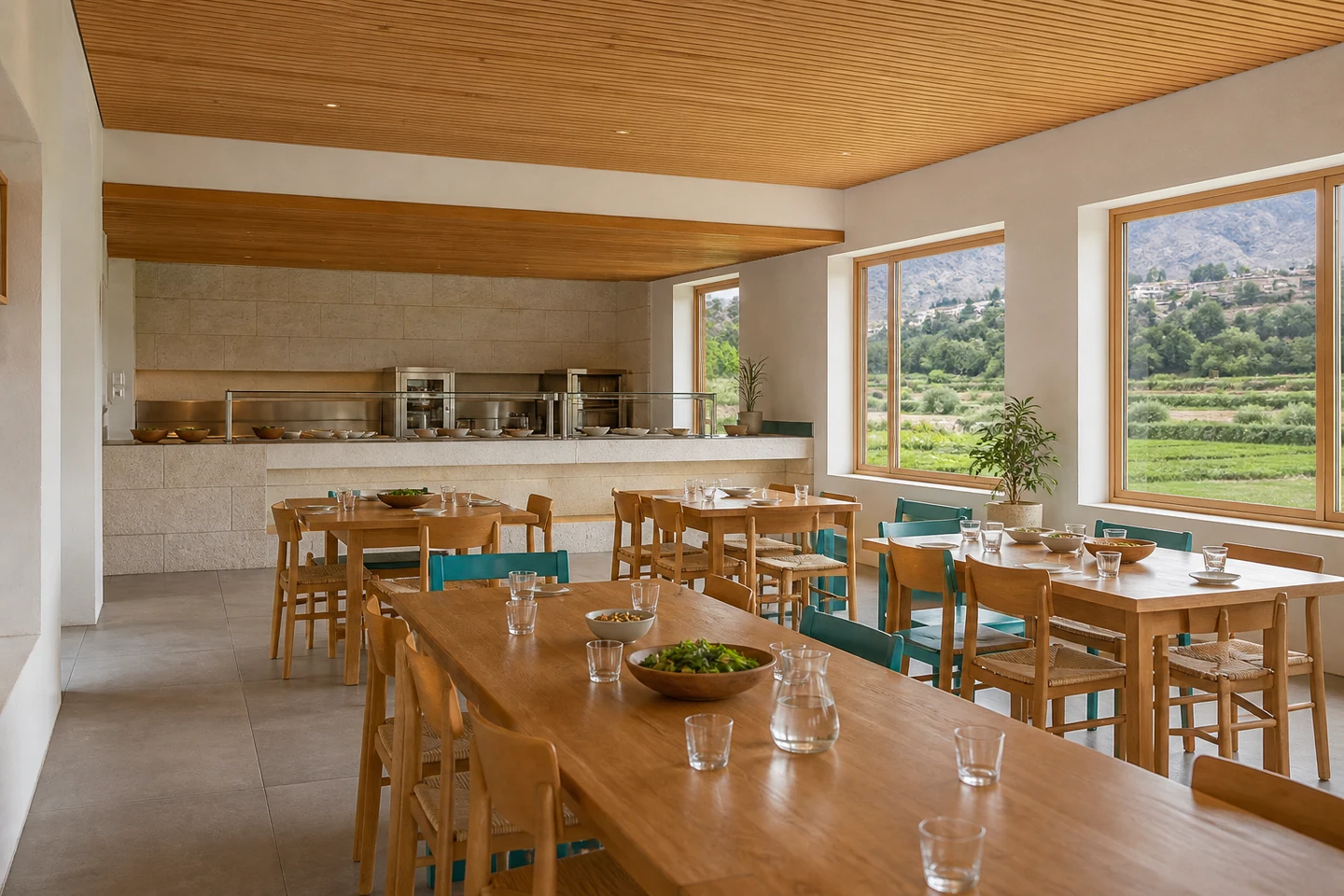 Interior conceptual de comedor, inspirado en la campiña de Cayma. Imagen referencial; no es una fotografía de las instalaciones reales.