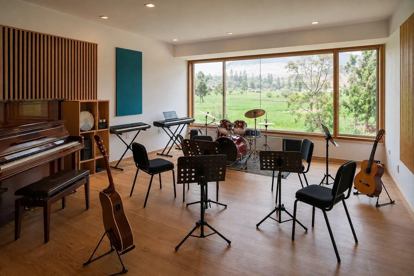 Interior conceptual de sala de música, inspirado en la campiña de Cayma. Imagen referencial; no es una fotografía de las instalaciones reales.