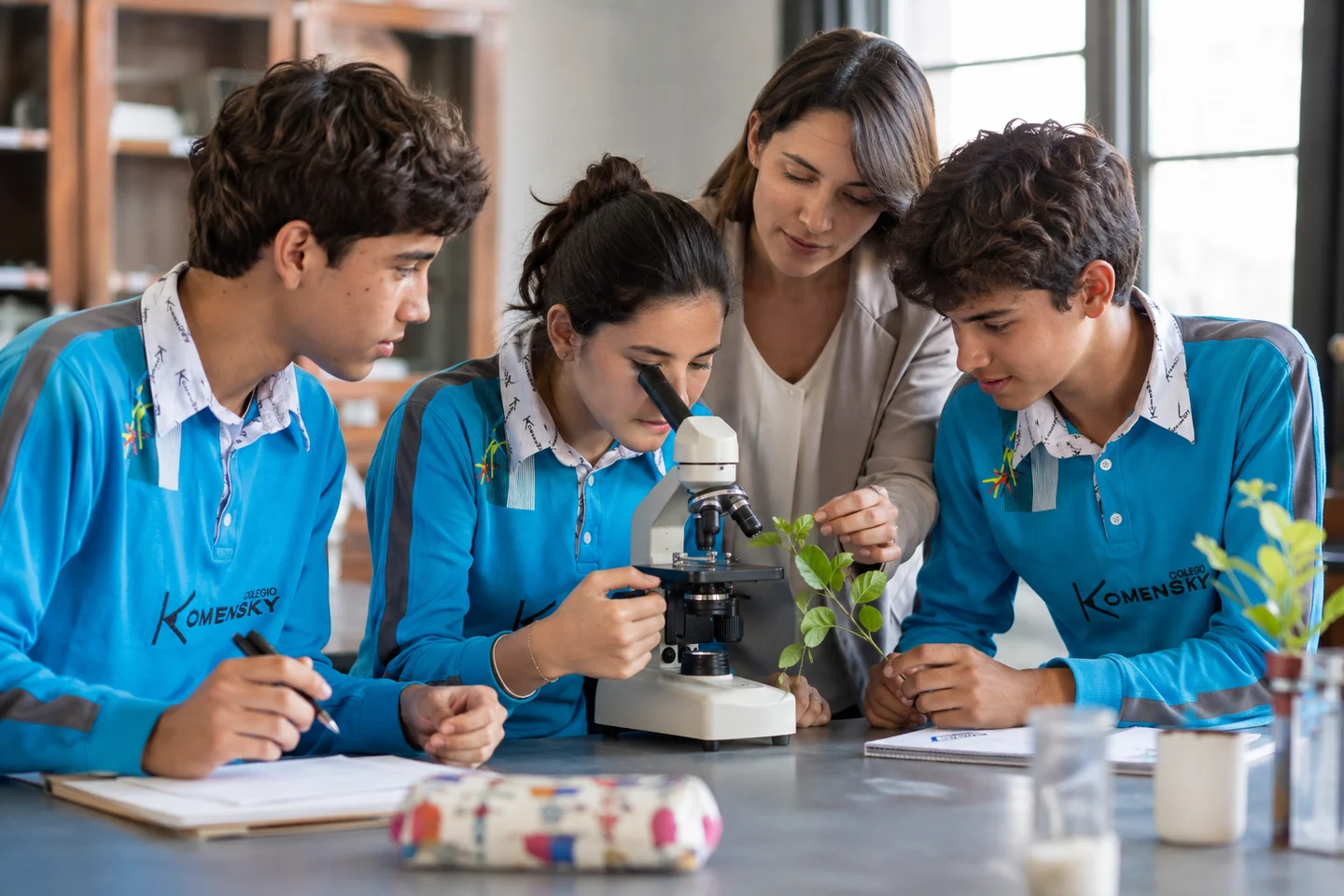 Estudiantes de Secundaria observan una muestra vegetal con un microscopio. Imagen referencial.