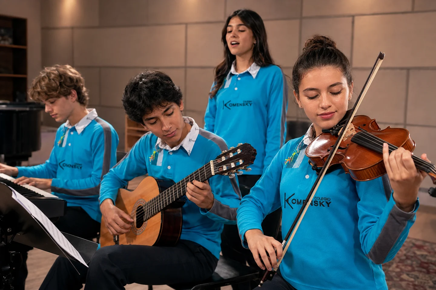 Adolescentes ensayan violín, guitarra, teclado y canto. Imagen referencial.
