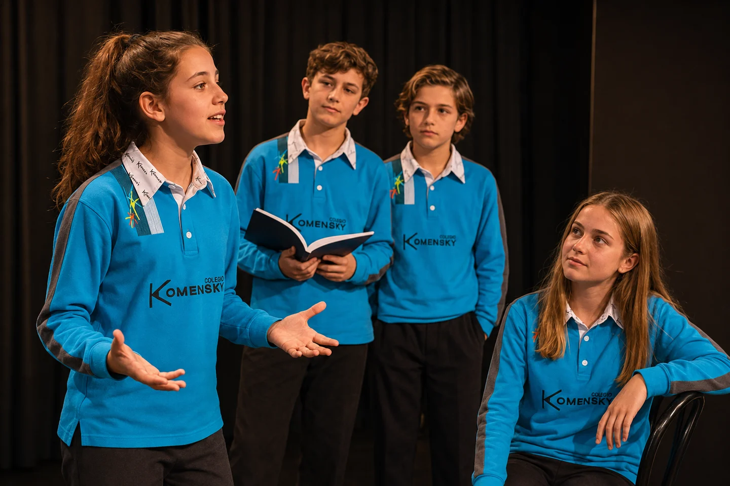 Escena ilustrativa de expresión teatral con el uniforme del Colegio Komensky
