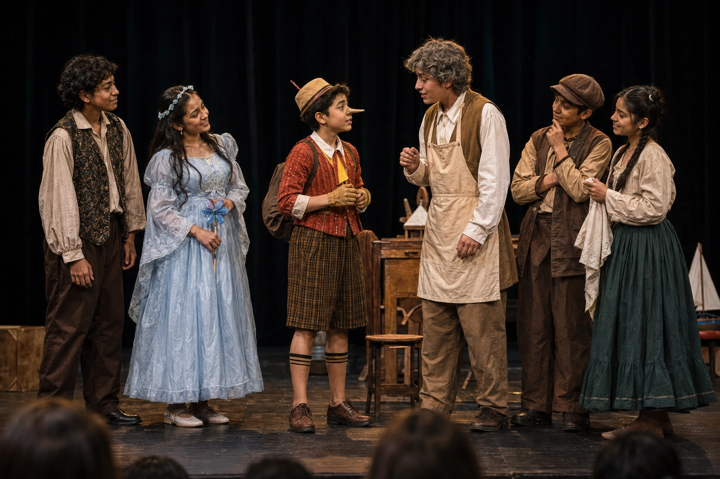 Seis estudiantes con vestuario teatral interpretan una escena inspirada en Pinocho. Imagen referencial de una puesta en escena escolar.